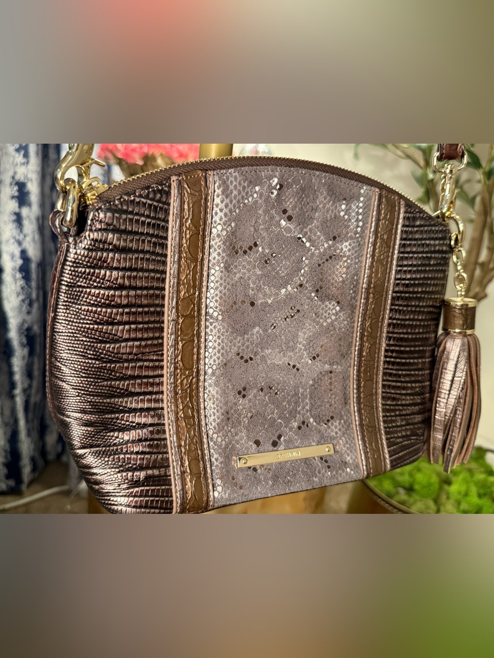 Brahmin Metallic Rose Brown Crossbody Bag with Tassel - Picture 2 of 8